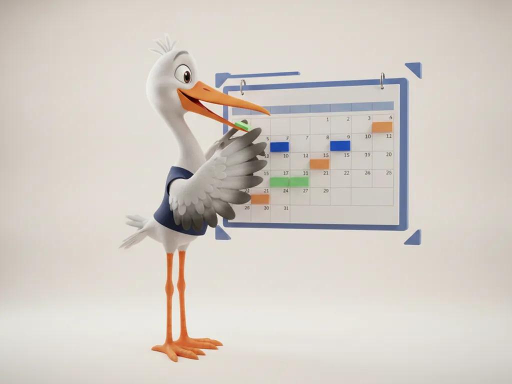 Storkie, the Storkie mascot, arranging blocks on a large floating calendar with wall calendar, coloured schedule blocks