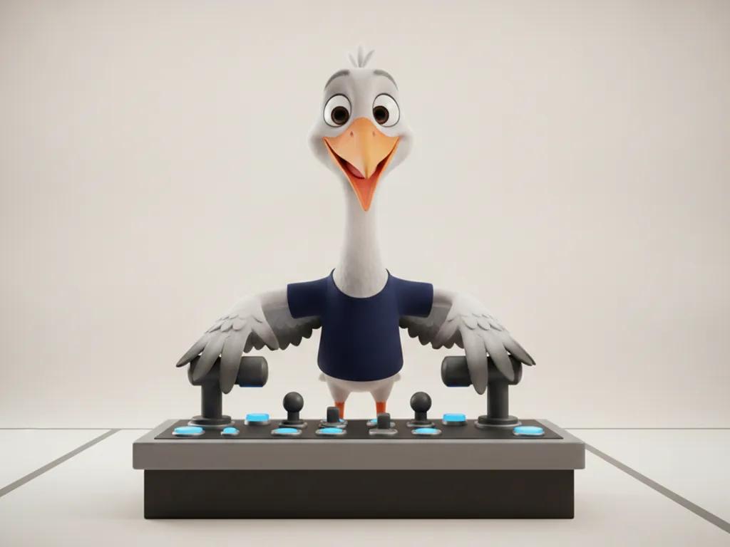 Storkie, the Storkie mascot, adjusting large physical toggles and dials on a control panel with control panel, sliders, toggle switches