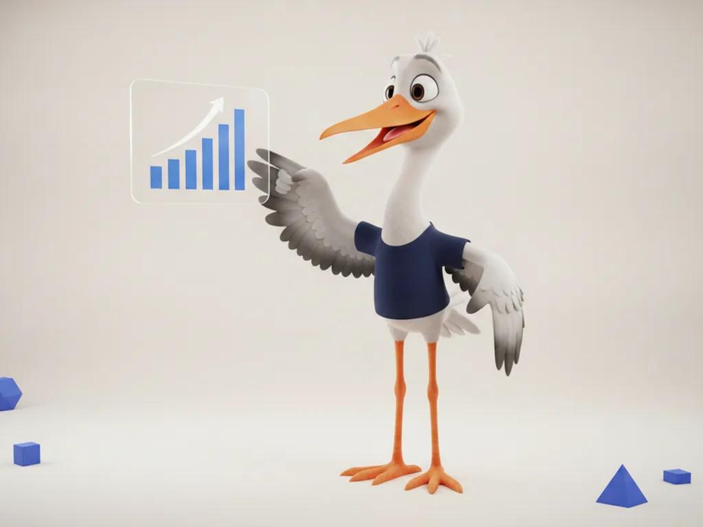 Storkie, the Storkie mascot, pointing proudly at a rising chart on a floating dashboard with dashboard panel, bar chart, upward arrow