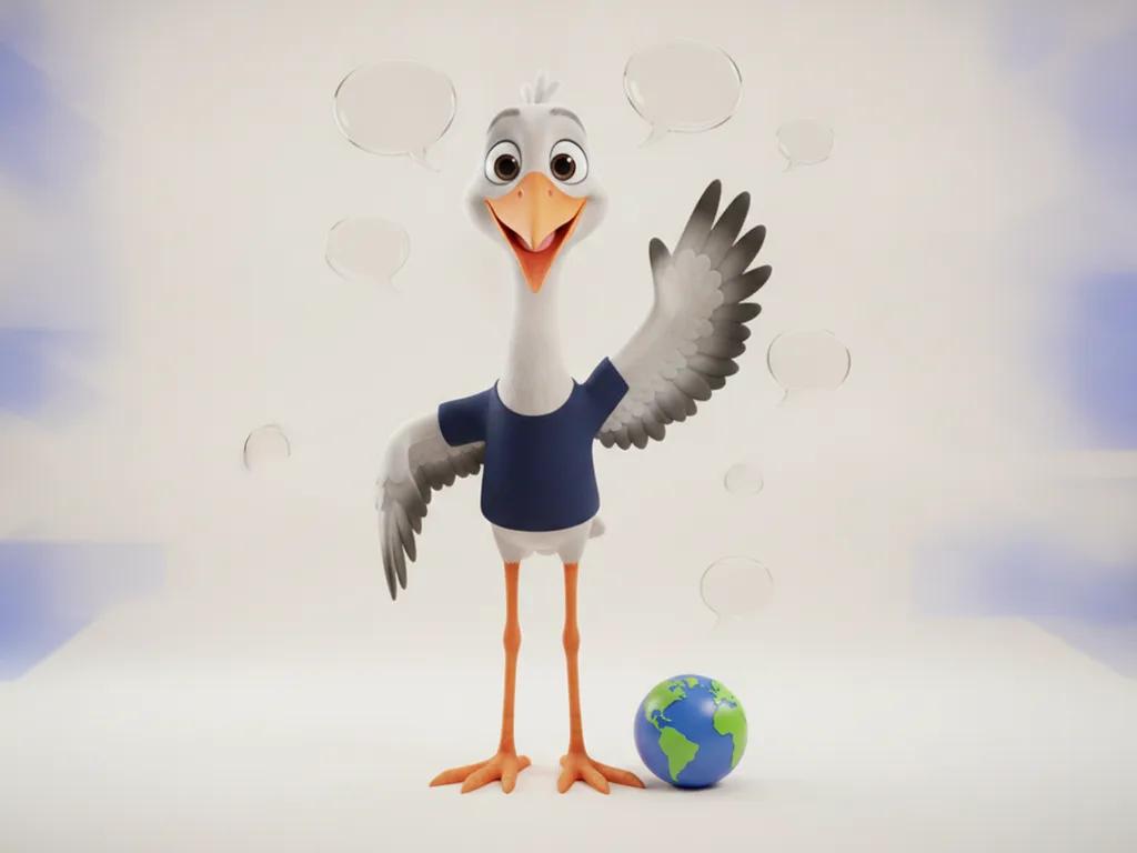 Storkie, the Storkie mascot, greeting cheerfully with a wave, surrounded by floating speech bubbles with speech bubbles, small globe