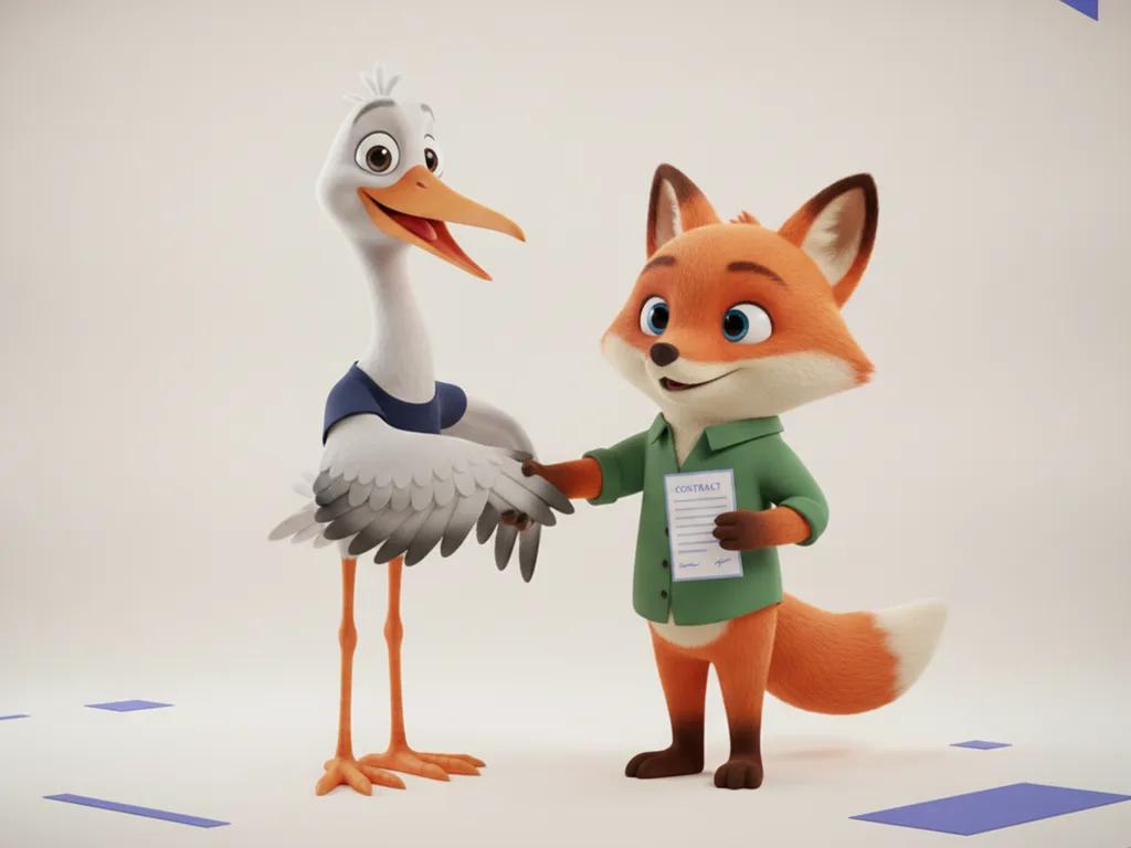 Storkie, the Storkie mascot, shaking hands with a friendly cartoon partner character with contract card, handshake
