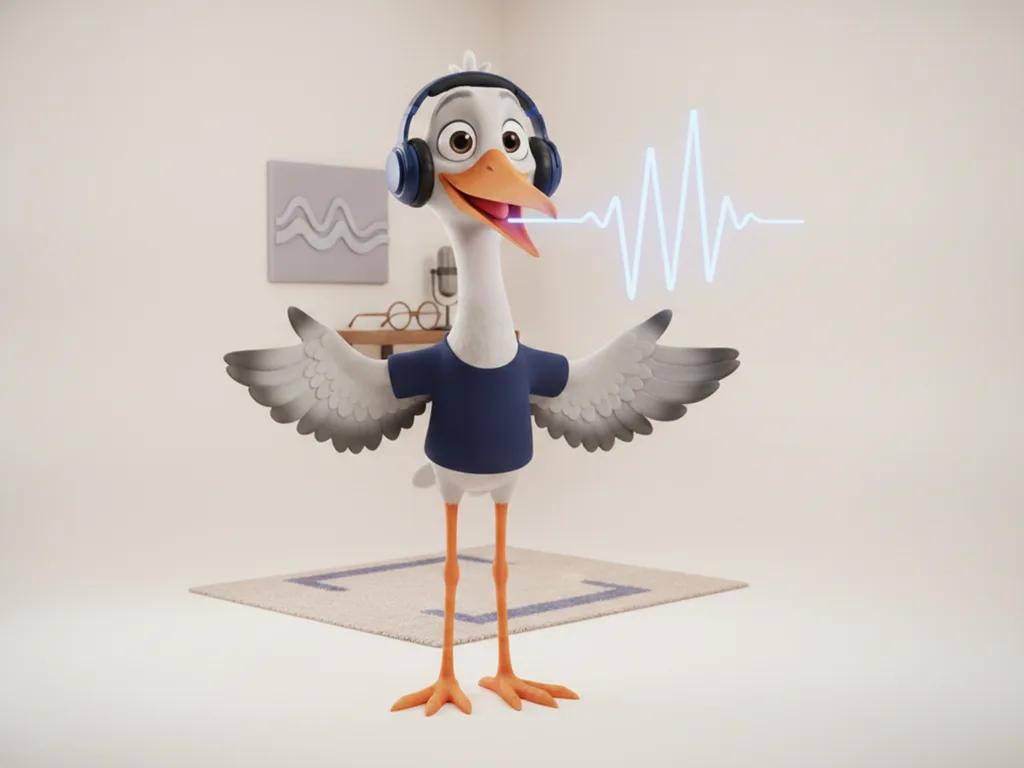 Storkie, the Storkie mascot, wearing headphones, hands raised mid-speech with headphones, animated waveform ribbon